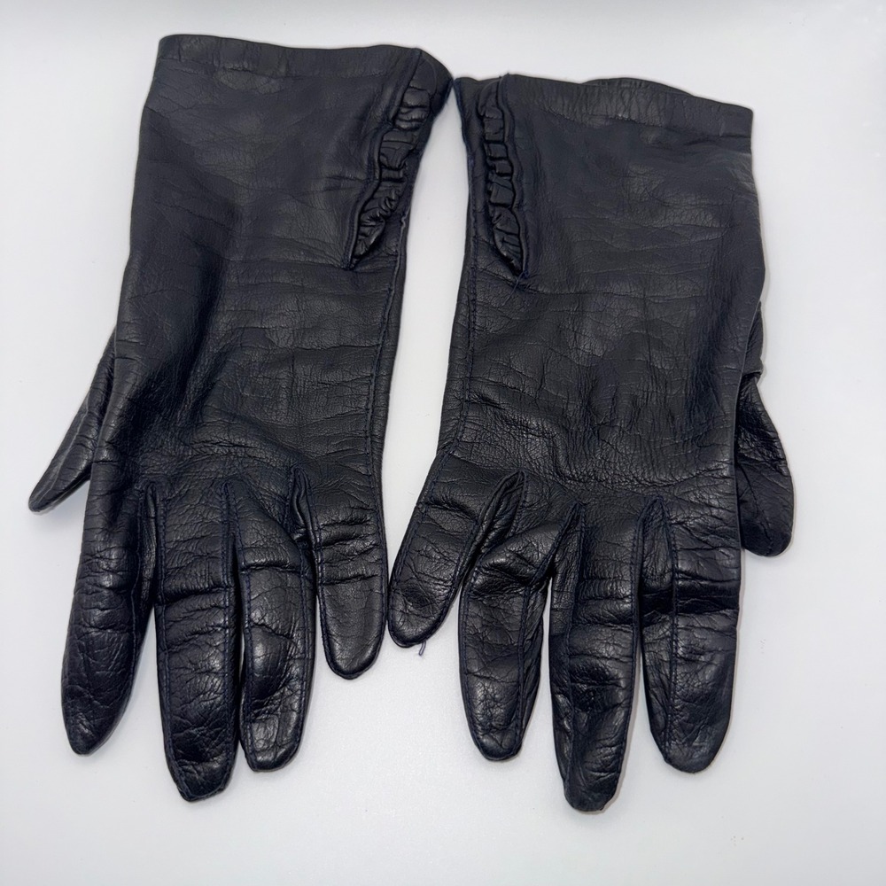 Vintage Black Leather Gloves Made in Belgium Size 6.5 Ruffle Detail Kidskin